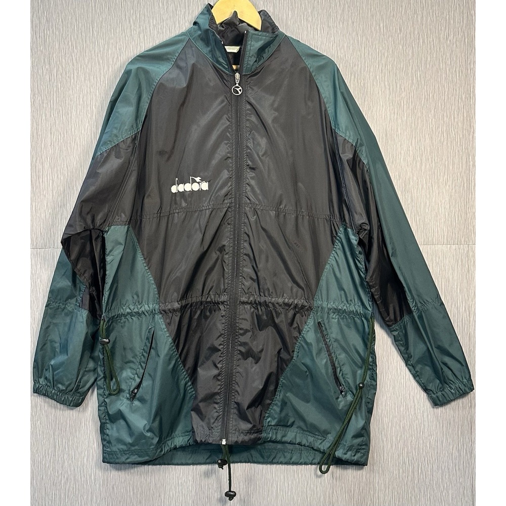Vintage Diadora‎ Jacket Mens XL Green Black Nylon Windbreaker Hooded Soccer 90s